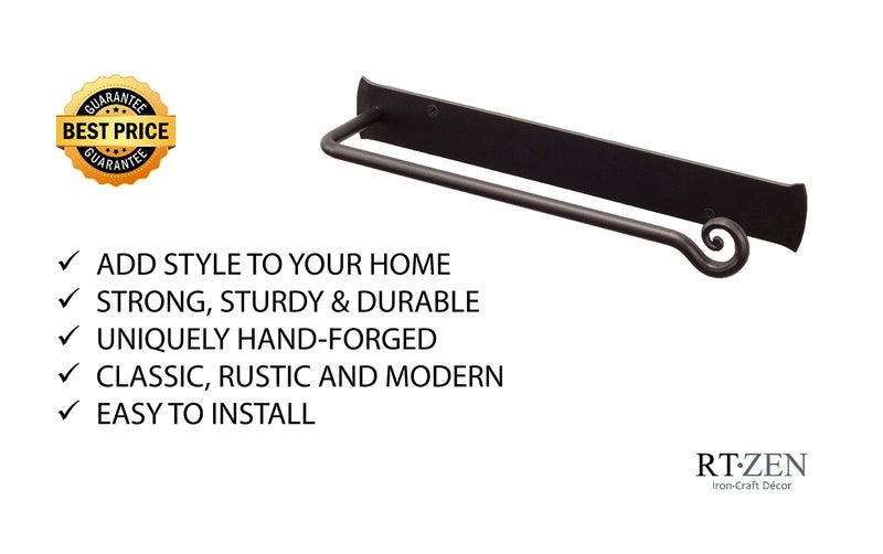 RTZEN Matte Black Hand Towel Holder for Bathroom - Handcrafted Farmhouse Wrought Iron Metal Kitchen Bar - Small Hand Towel Bar Hanger for Home or Office - Wall Mounted Rack Fits 10" Towels - Image 3
